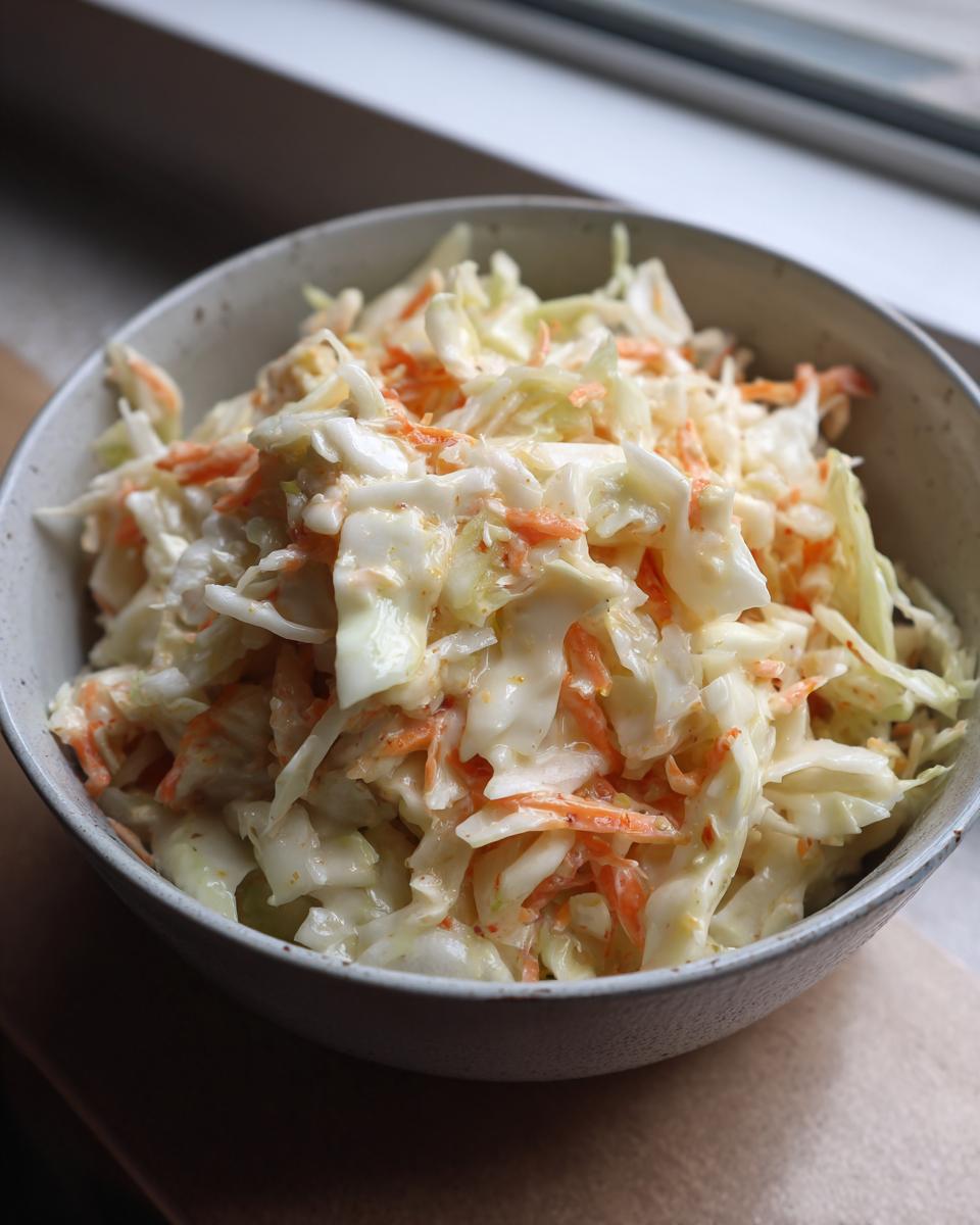 A close-up of a bowl filled with creamy coleslaw, featuring shredded cabbage and carrots in a tangy dressing.