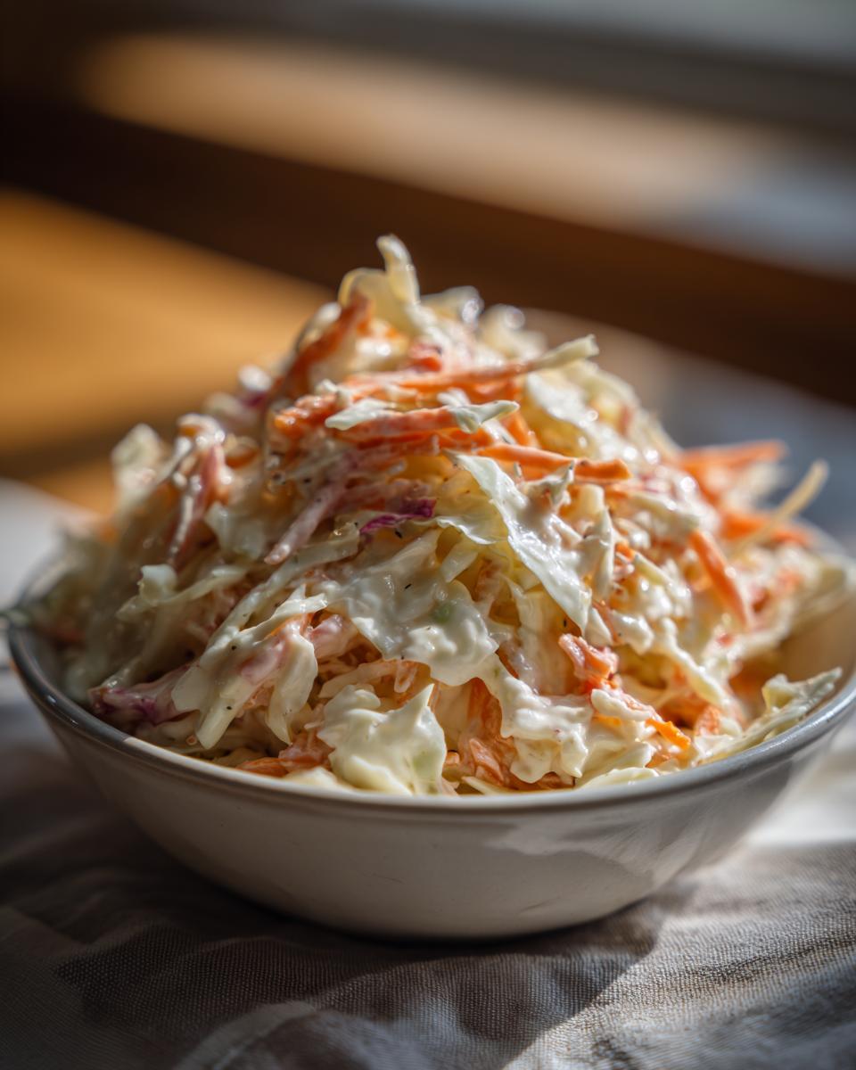 A bowl of creamy coleslaw made with shredded cabbage, carrots, and a tangy dressing.