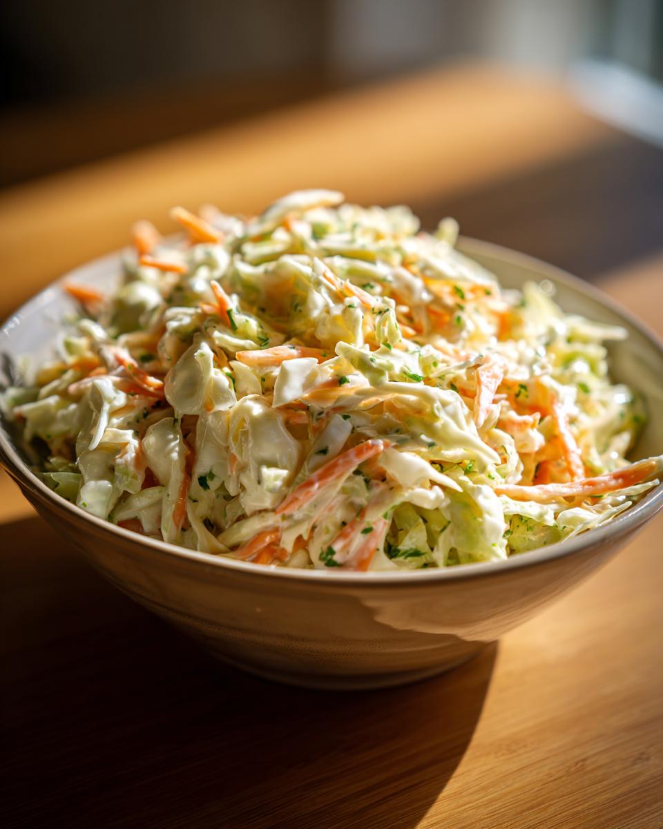 A close-up of a bowl filled with creamy coleslaw, featuring shredded cabbage, carrots, and herbs.