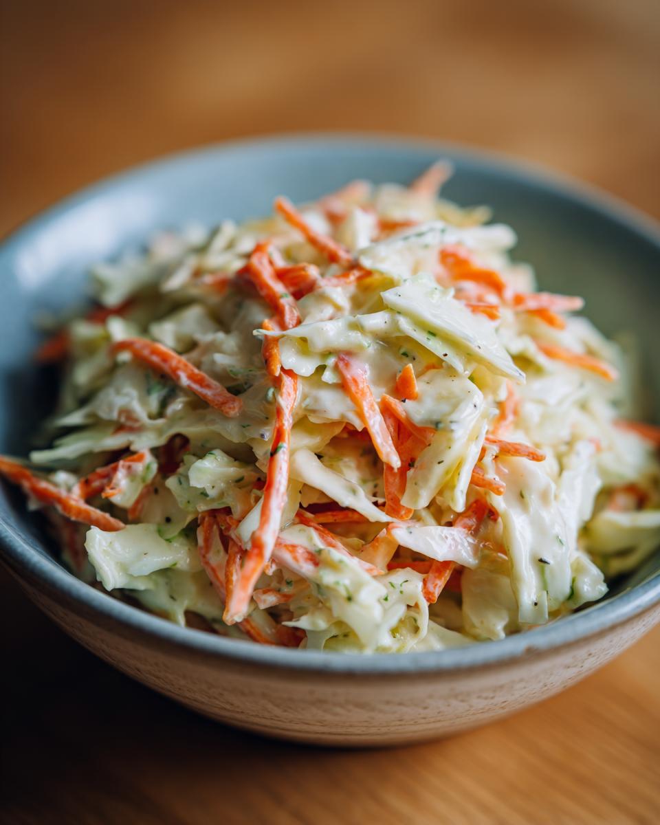 Close-up of a bowl filled with creamy coleslaw, featuring shredded cabbage and carrots mixed with a tangy dressing.