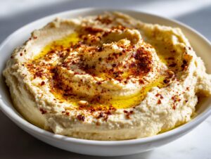 Close-up of a bowl of creamy hummus, drizzled with olive oil and sprinkled with paprika and spices.