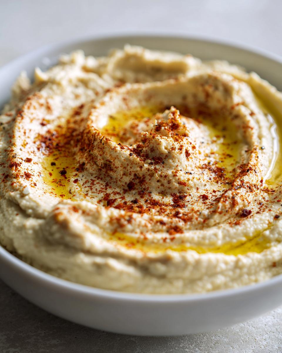 A close-up of creamy hummus in a white bowl, drizzled with olive oil and sprinkled with paprika.