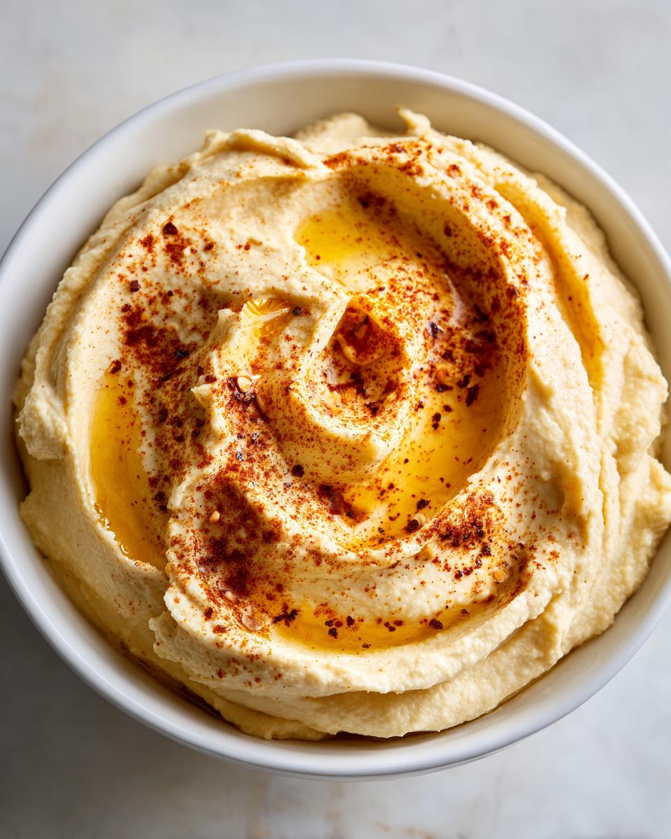 Close-up of a bowl of creamy hummus, swirled with olive oil and sprinkled with paprika.