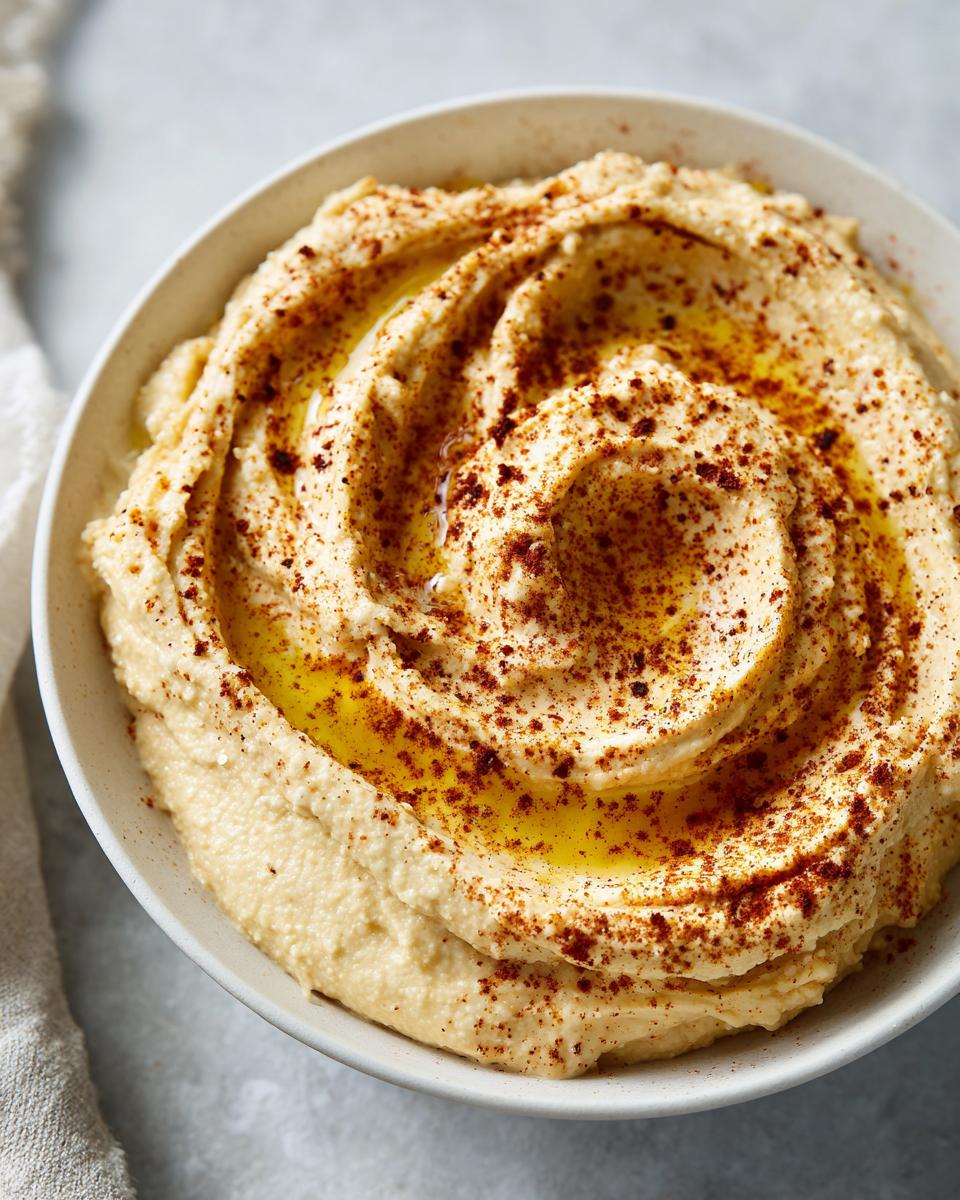 Close-up of a bowl of creamy hummus, swirled with olive oil and sprinkled with paprika.