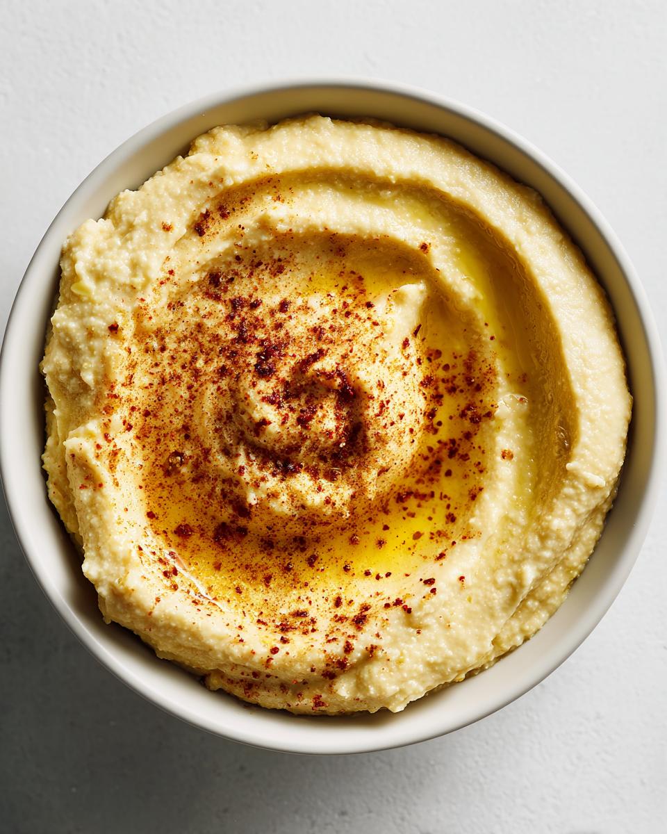A bowl of creamy hummus, swirled with olive oil and dusted with paprika. Perfect for dipping!