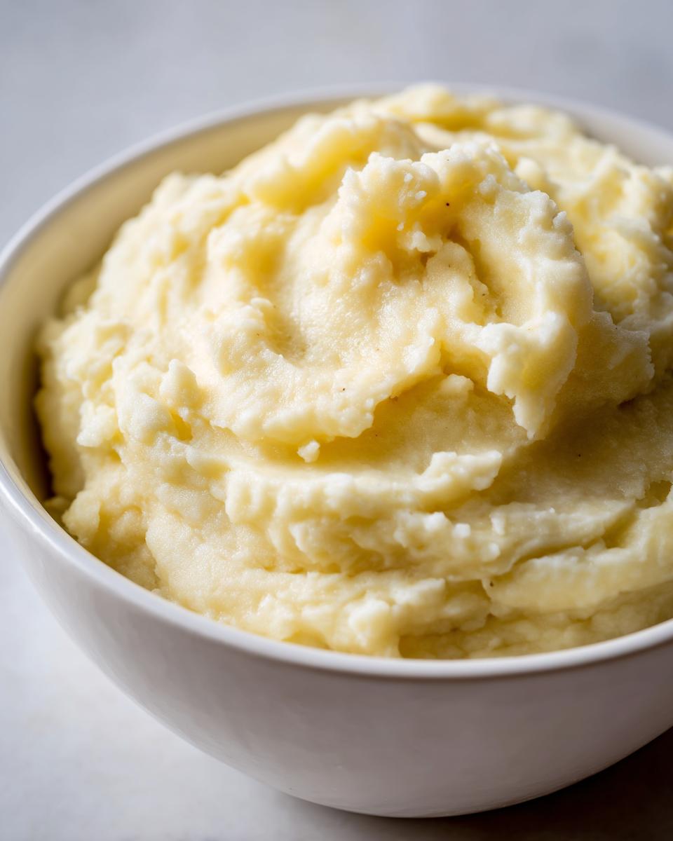 Close-up of a white bowl filled with fluffy, creamy mashed potatoes.