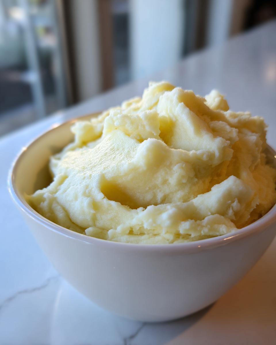 A close-up of a white bowl filled with fluffy, creamy mashed potatoes.