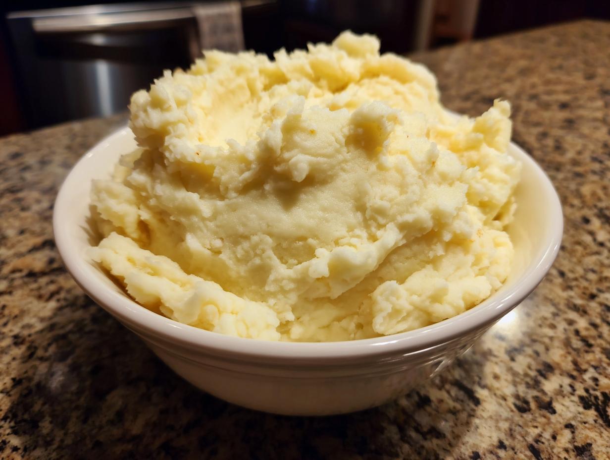 A close-up of a white bowl filled with creamy, fluffy mashed potatoes.