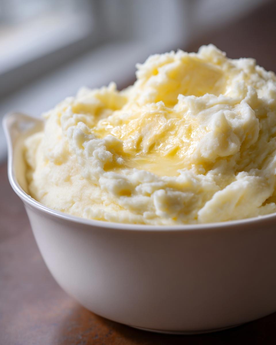 Close-up of a bowl of fluffy mashed potatoes topped with melting butter.