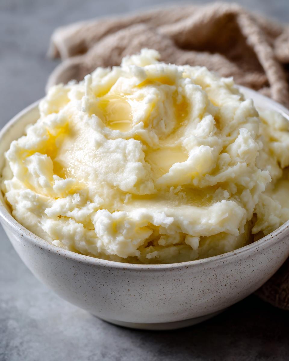 Close-up of a bowl of fluffy mashed potatoes topped with pools of melted butter.