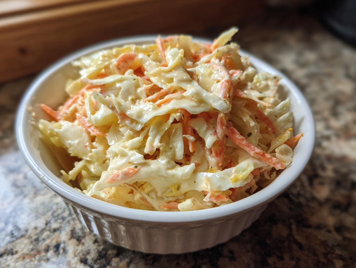 A close-up of a white bowl filled with creamy and tangy coleslaw, featuring shredded cabbage and carrots.