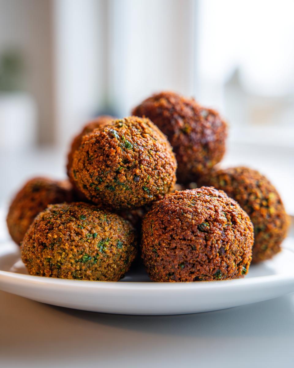 A close-up shot of a pile of golden-brown, crispy falafel balls on a white plate.