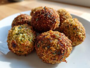 A close-up shot of a pile of golden-brown, crispy falafel balls on a white plate, sprinkled with herbs.