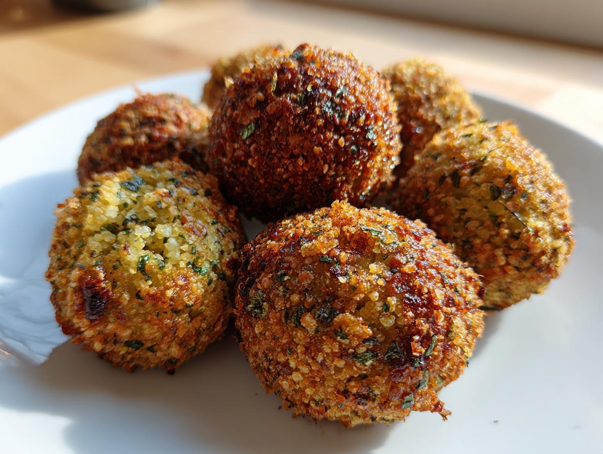 A close-up shot of a pile of golden-brown, crispy falafel balls on a white plate, sprinkled with herbs.