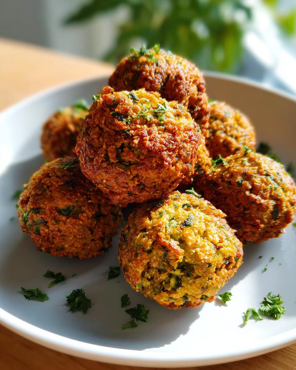 A close-up shot of a pile of golden-brown, crispy falafel balls, garnished with fresh parsley.