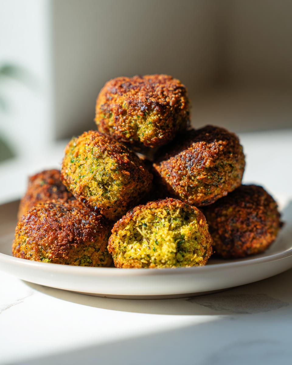 A close-up of a stack of golden-brown, crispy falafel balls on a white plate, with one falafel cut in half to show the green interior.