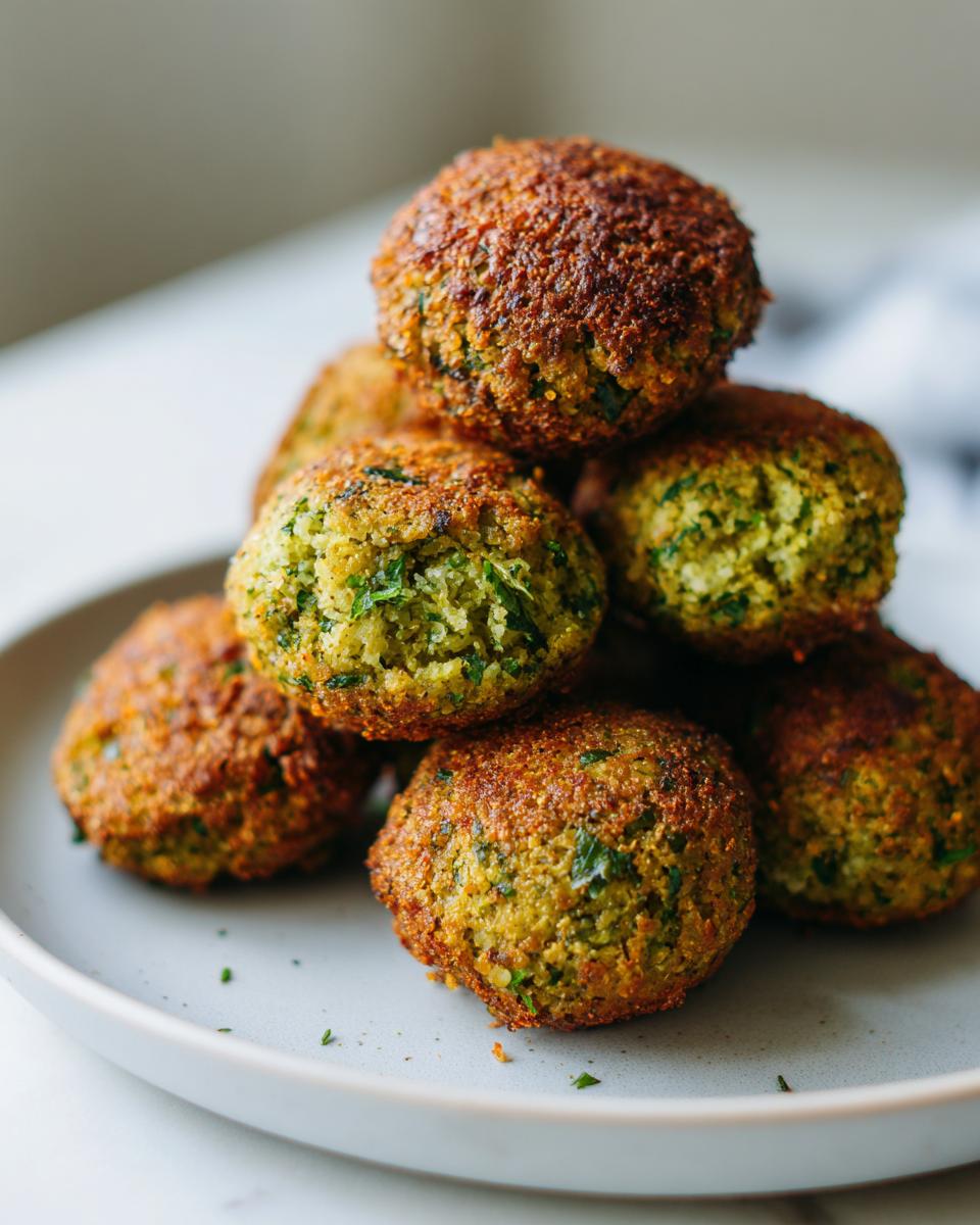 A close-up stack of golden-brown, crispy falafel balls with visible green herbs inside.
