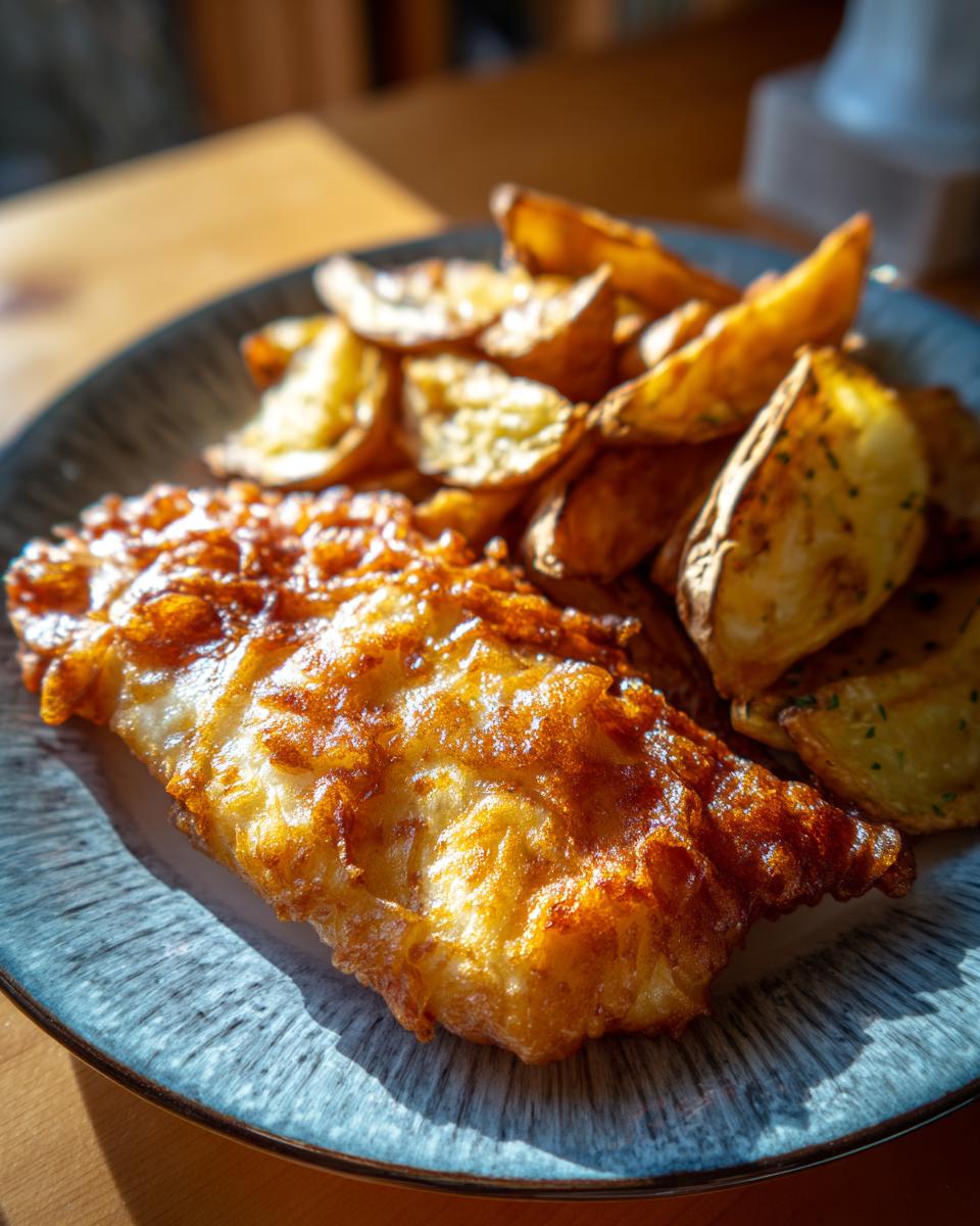 Close-up of golden-brown crispy battered fish and thick-cut potato chips, a classic fish and chips meal.