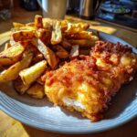 Close-up of golden brown crispy battered fish and thick-cut chips, a classic fish and chips meal.
