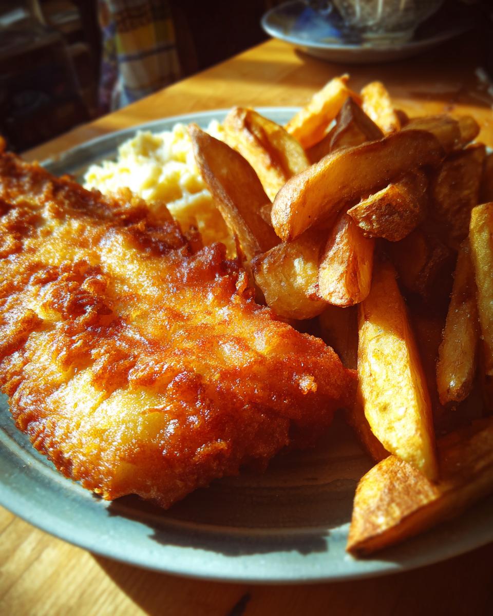 Close-up of a golden-brown, crispy battered fish fillet served with thick-cut chips and mashed peas.