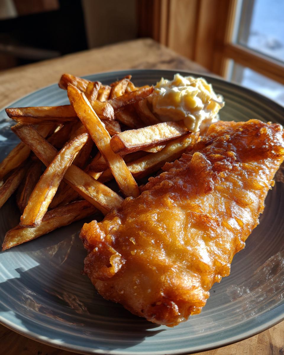 A golden-brown, crispy piece of battered fish served with a generous portion of thick-cut chips and a dollop of tartar sauce.