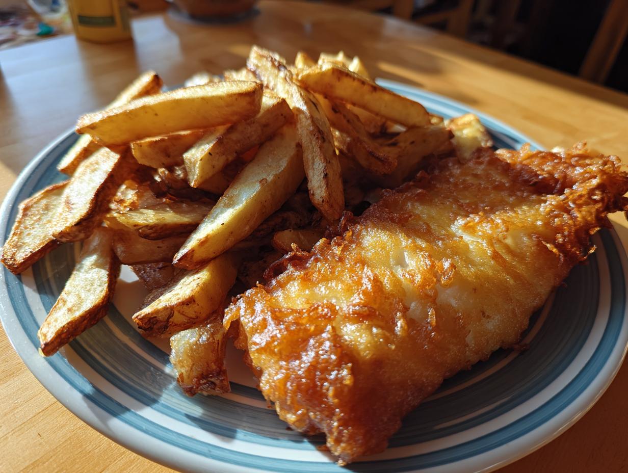 A close-up of golden, crispy battered fish and thick-cut chips served on a plate, representing a classic fish and chips meal.