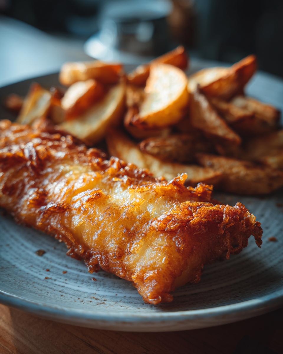 A close-up, mouth-watering shot of perfectly fried fish and chips on a plate.