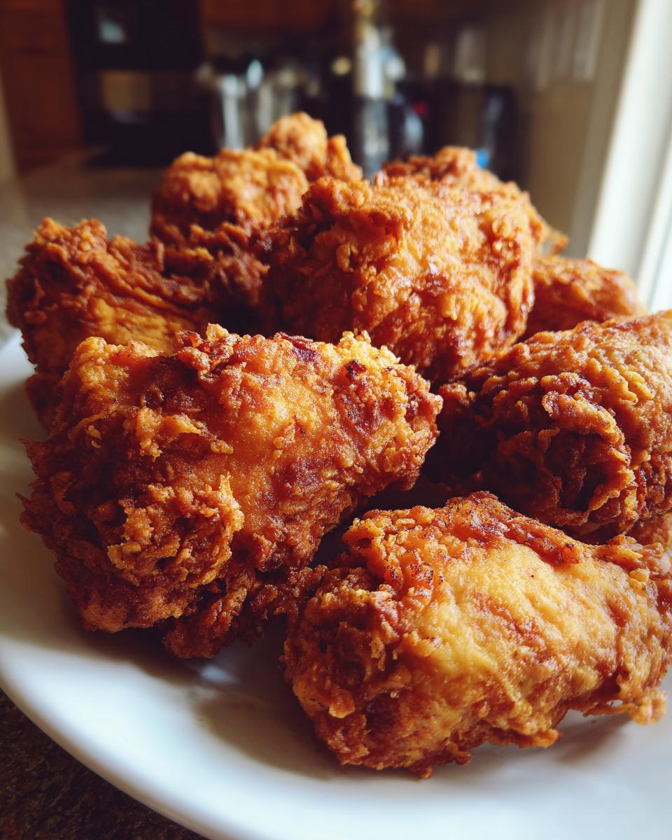 A close-up shot of golden-brown, crispy fried chicken pieces piled on a white plate.