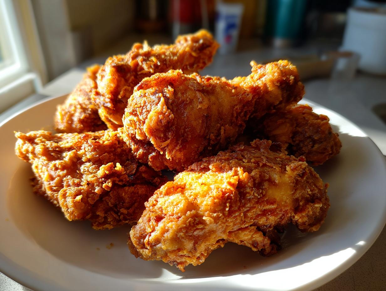 A close-up of a pile of golden-brown, crispy fried chicken pieces on a white plate.