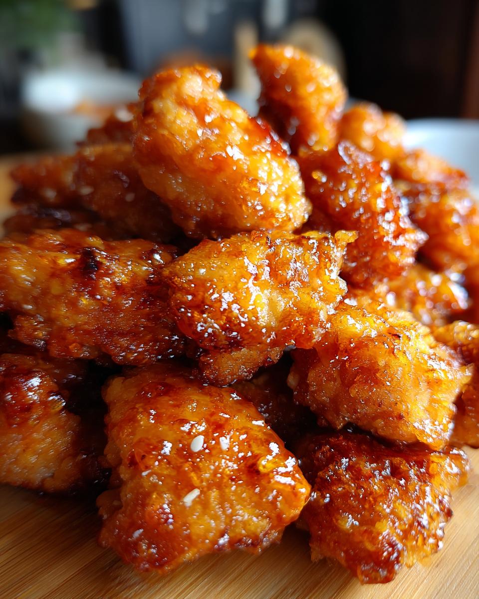Close-up of crispy, glazed orange chicken pieces piled on a wooden board, sprinkled with sesame seeds.