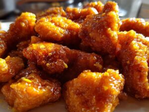 Close-up of crispy, glazed orange chicken pieces, glistening with sweet and tangy sauce.
