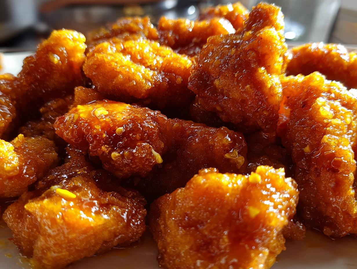 Close-up of crispy, glazed orange chicken pieces, glistening with sweet and tangy sauce.