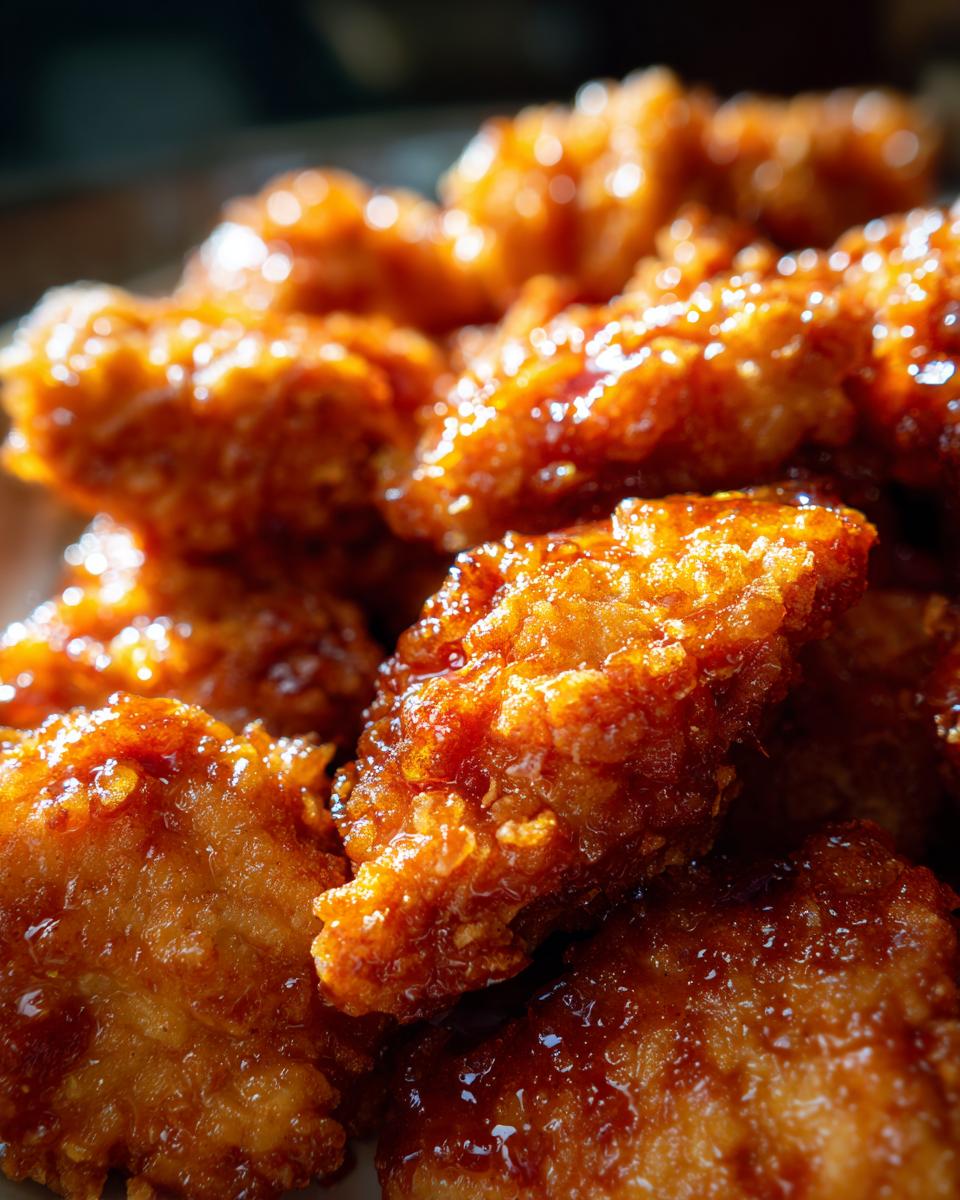 Close-up of crispy, glazed orange chicken pieces, glistening with sauce.