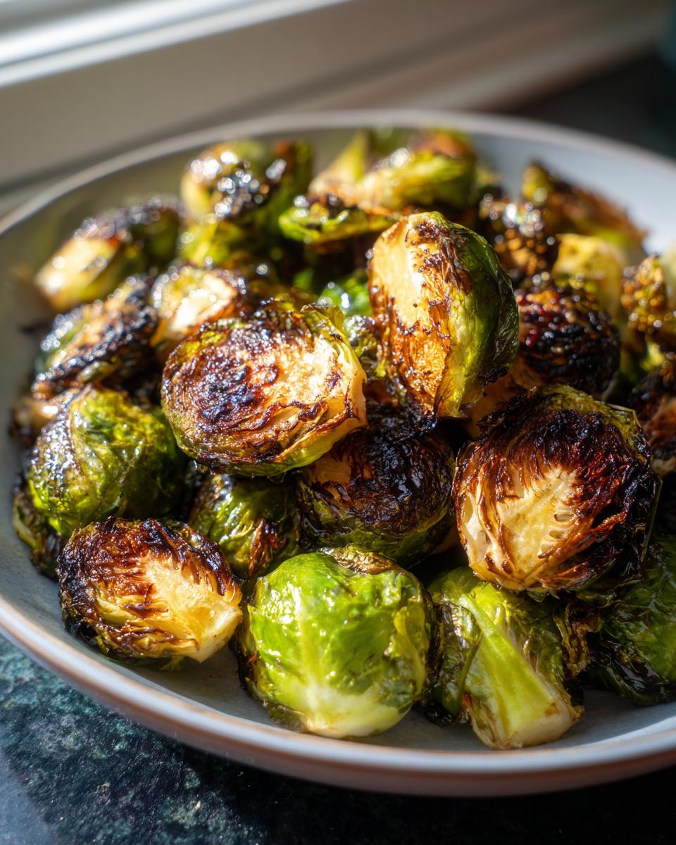 Close-up of a bowl filled with perfectly roasted Brussels sprouts, showing crispy edges and vibrant green leaves.