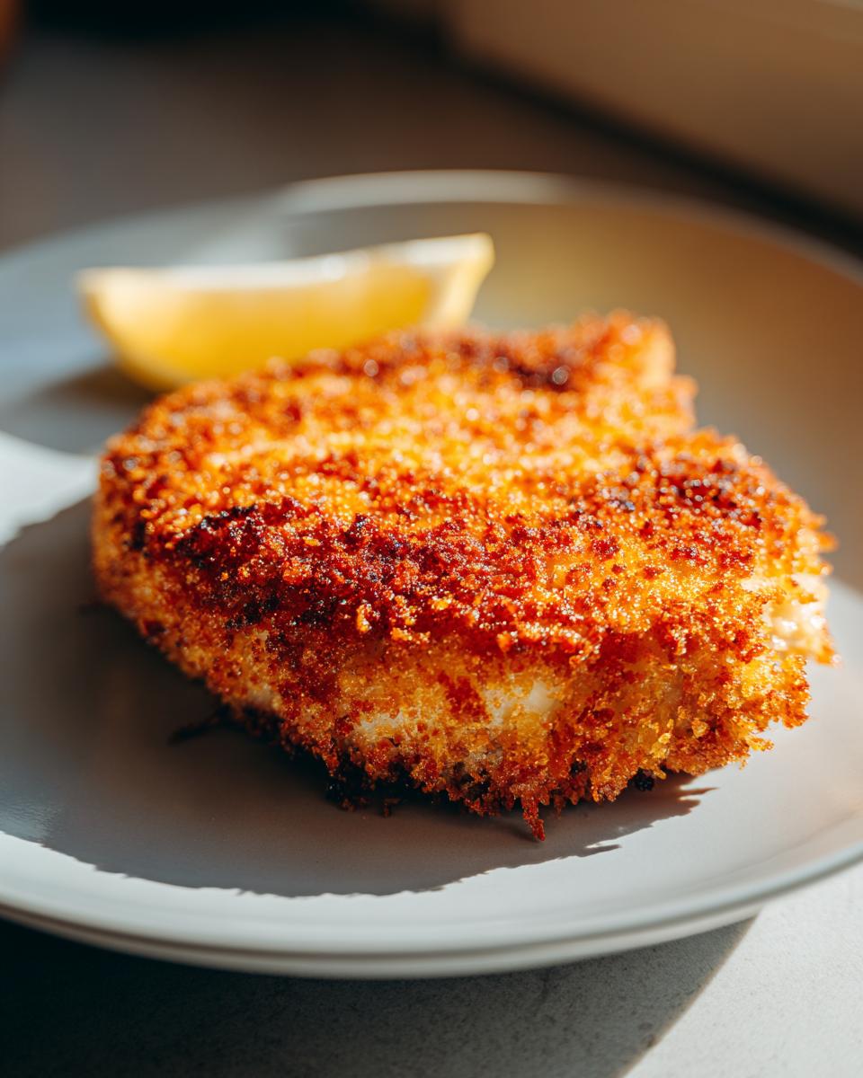 Close-up of a perfectly golden and crispy Schnitzel served on a grey plate with a lemon wedge.