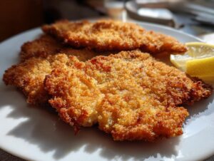 Close-up of three golden-brown, crispy Schnitzel pieces served on a white plate with lemon wedges.