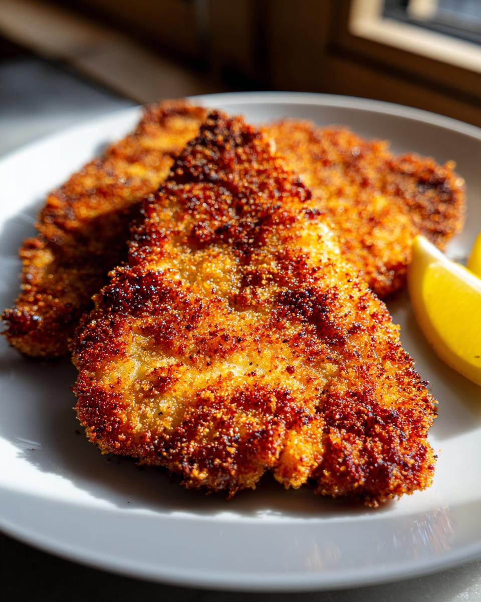 Close-up of two golden-brown, crispy Schnitzel pieces on a white plate with a lemon wedge.