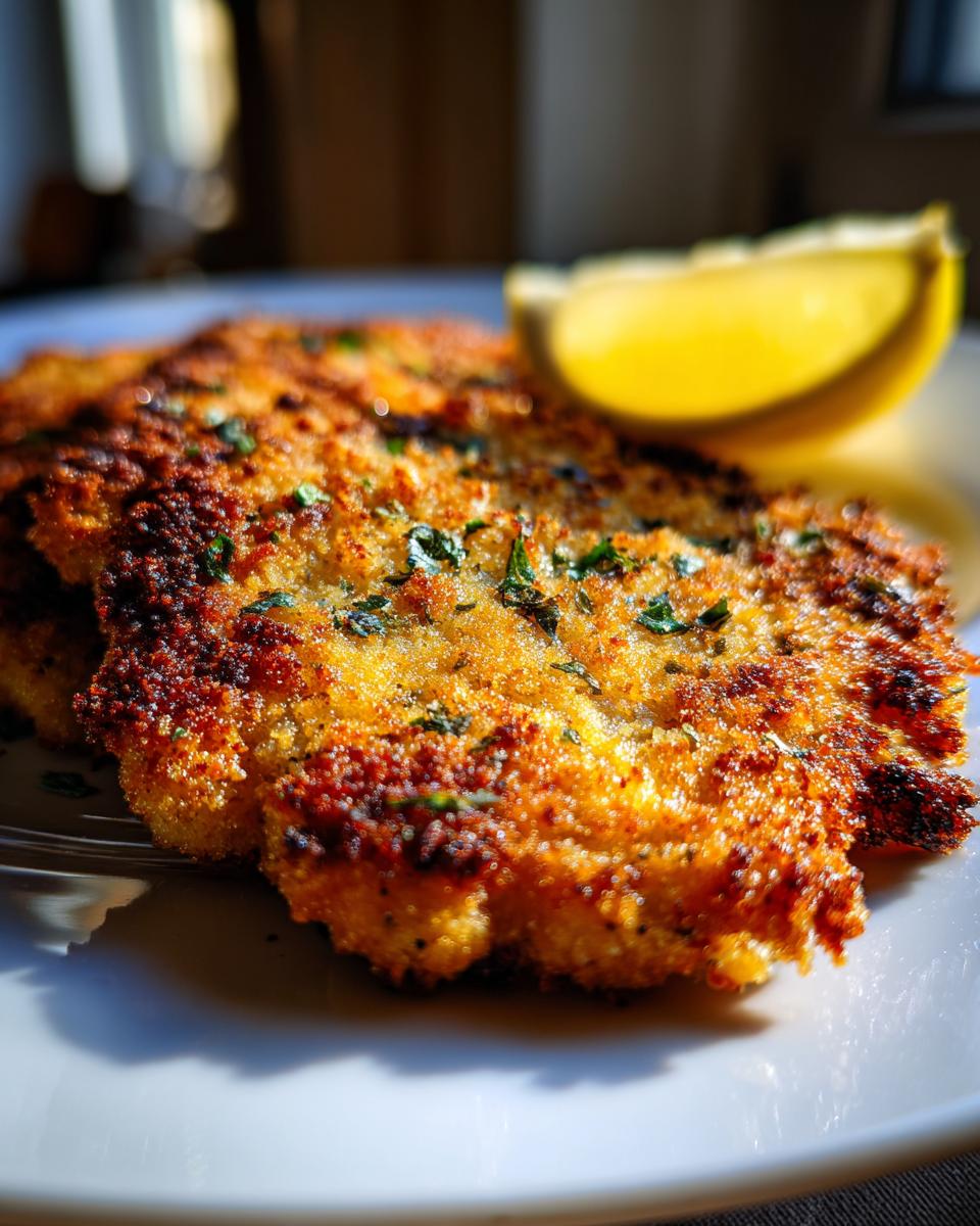 Close-up of a perfectly golden and crispy Schnitzel served with a fresh lemon wedge on a white plate.