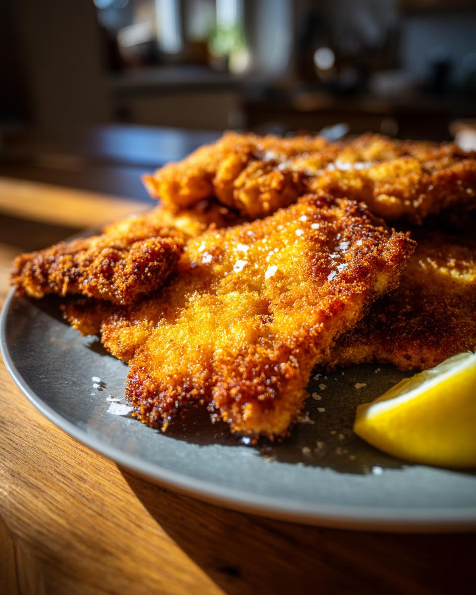 Close-up of golden brown crispy Schnitzel on a plate with a lemon wedge and sea salt.