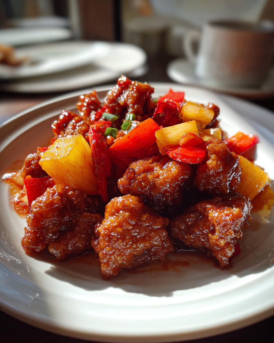 A close-up of crispy sweet and sour pork pieces coated in sauce, mixed with pineapple chunks and red bell peppers.