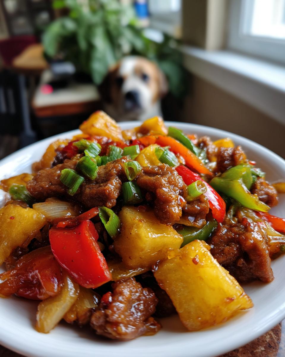 Close-up of a bowl of crispy sweet and sour pork with chunks of pineapple, red and green bell peppers, and green onions.