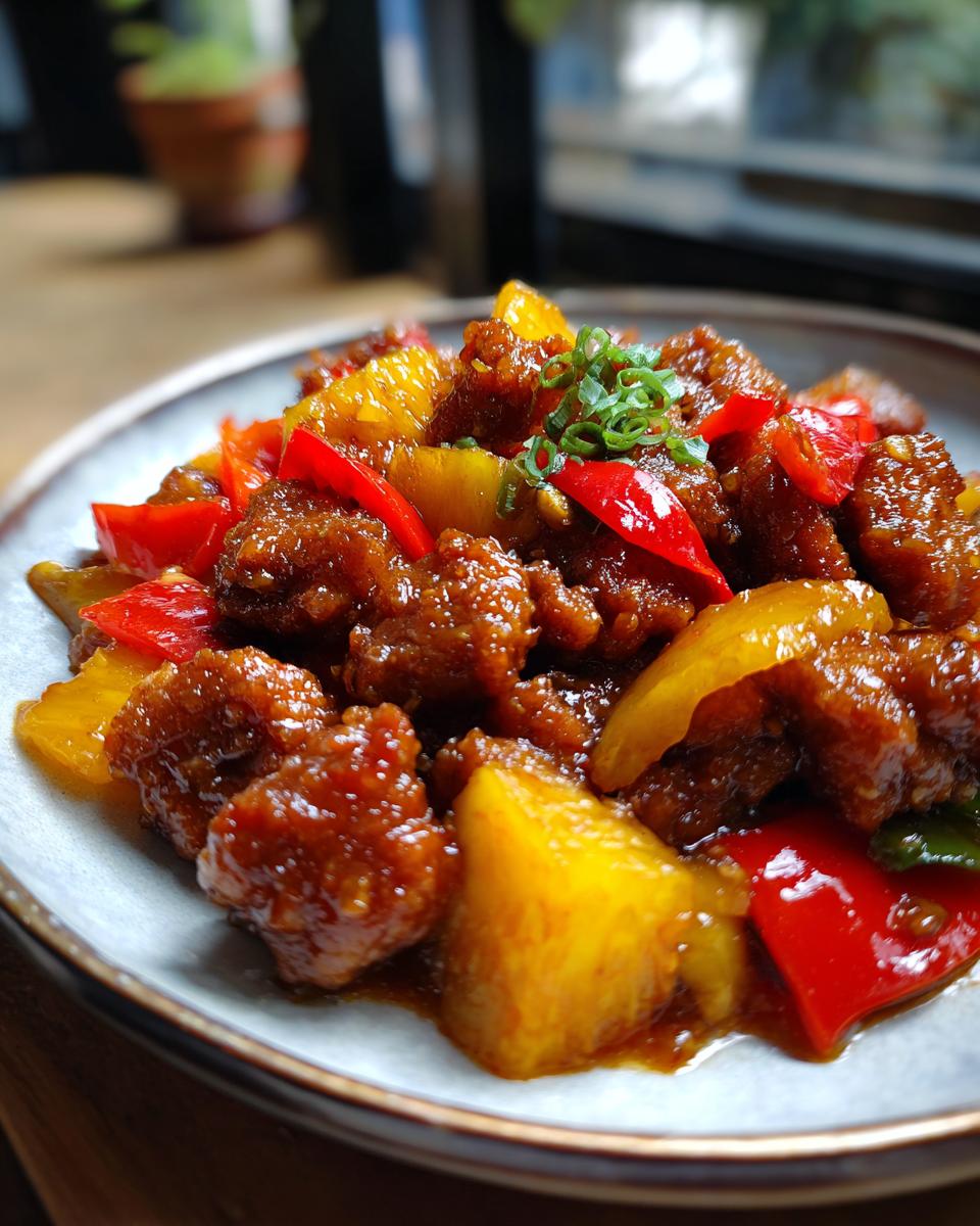 A close-up of crispy sweet and sour pork tossed with pineapple chunks, red and yellow bell peppers, and green onions.