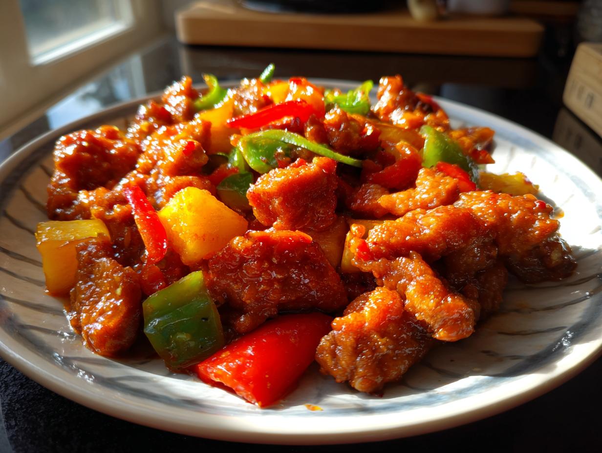 A plate of crispy sweet and sour pork with chunks of pineapple, red and green bell peppers in a glossy sauce.