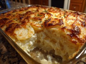 A close-up of a baking dish filled with golden-brown, creamy scalloped potatoes, garnished with parsley.