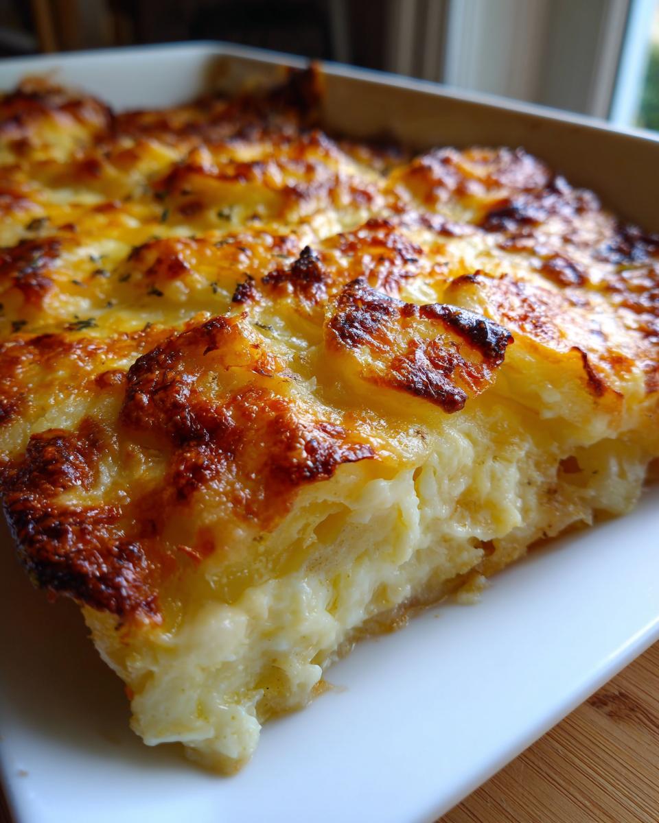 A close-up of a serving of decadent scalloped potatoes, golden brown and bubbling with cheese.