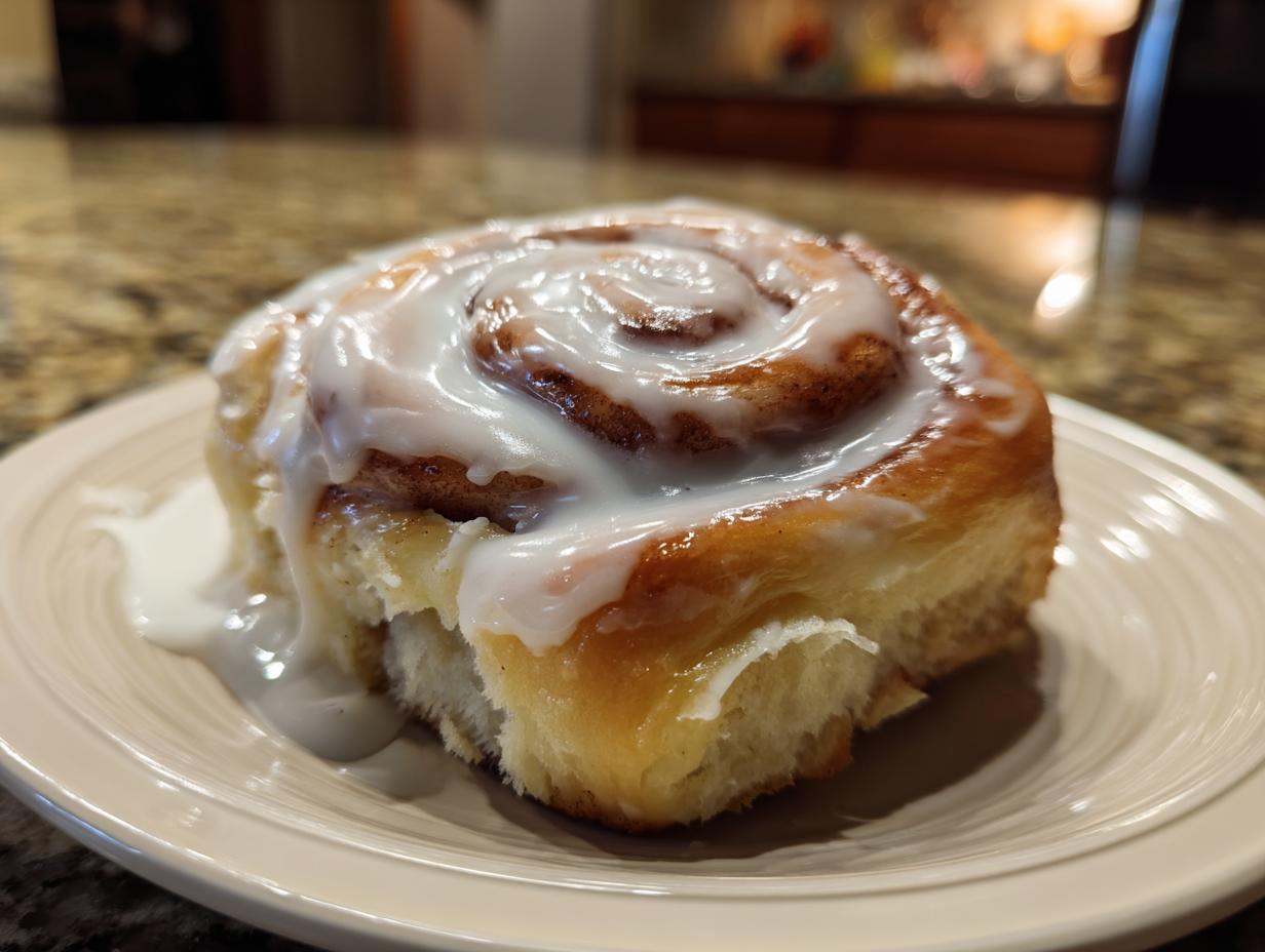 Close-up of a fluffy cinnamon roll generously topped with white cream cheese frosting.