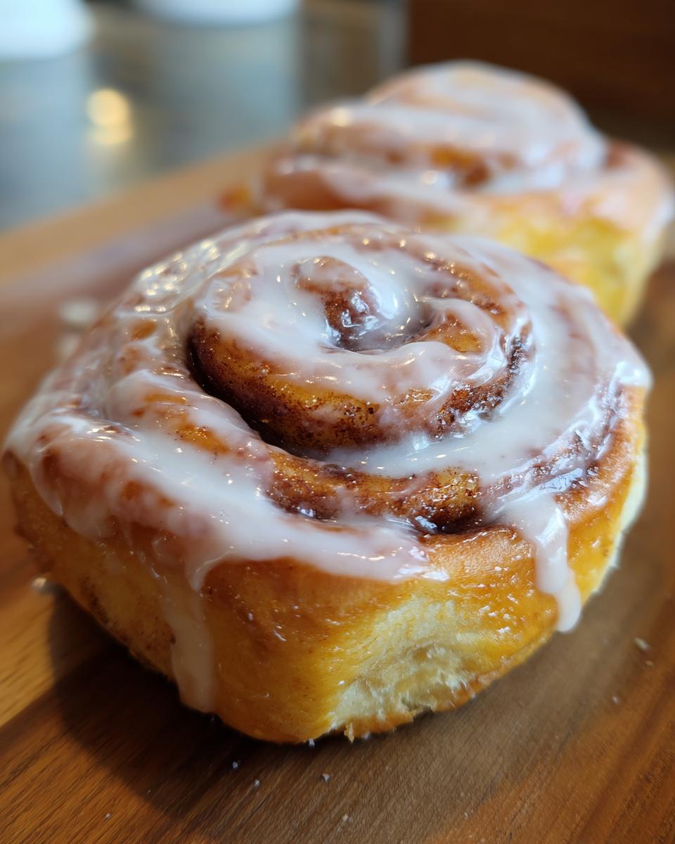 Close-up of two fluffy cinnamon rolls topped with creamy white icing on a wooden surface.