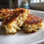 Close-up of a perfectly cooked crab cake, split open to reveal flaky crab meat inside. Delicious crab cakes.