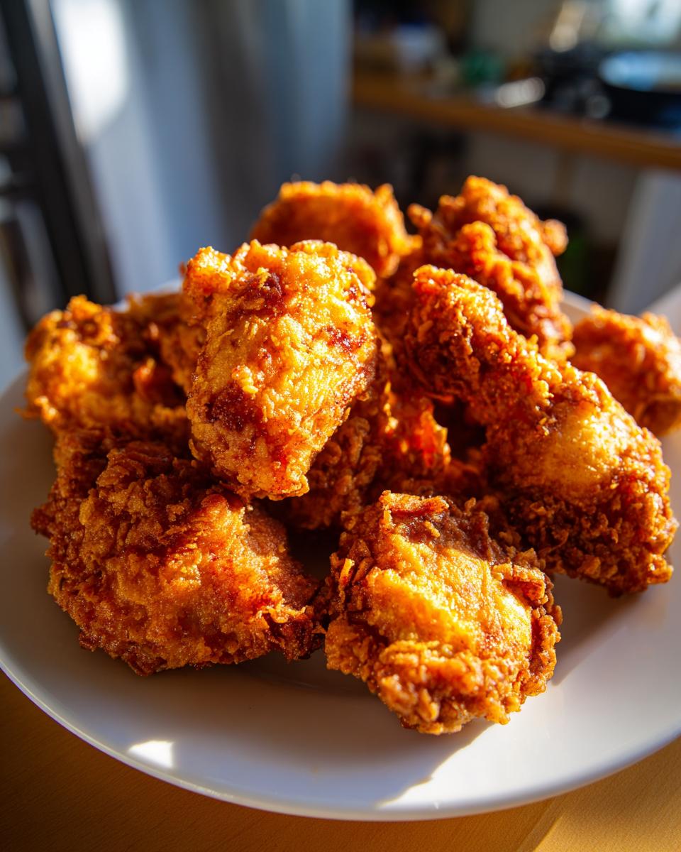 A close-up of a pile of golden-brown, crispy fried chicken pieces on a white plate.