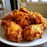 A close-up shot of a pile of golden-brown, crispy fried chicken pieces on a white plate.